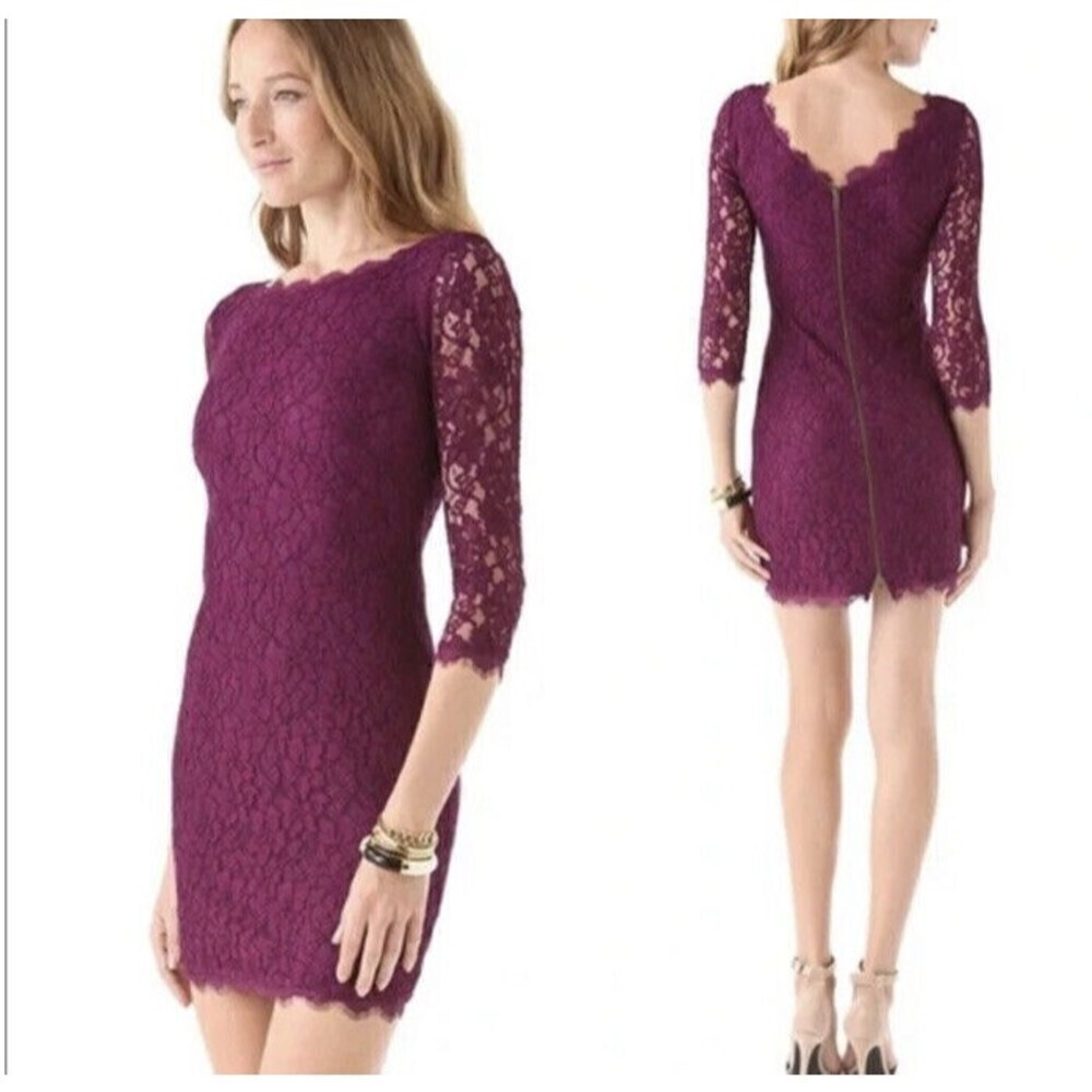 Diane Von Furstenberg Zarita Floral Lace Dress Size 2 Zip Back 3/4 Sleeve Formal